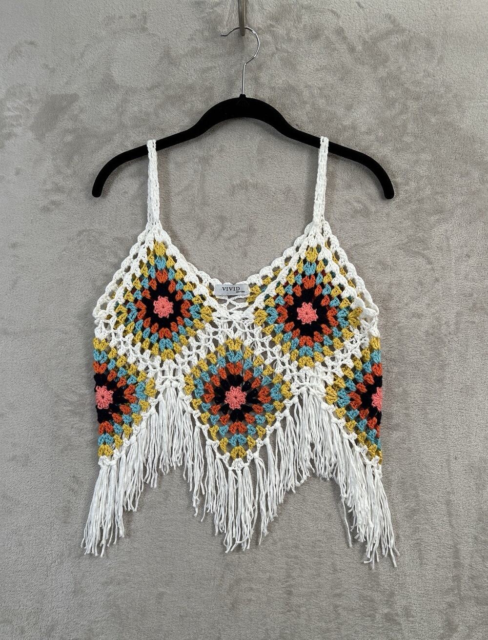 Granny Square Crochet Festival Top w/ Fringe Size M Boho Hippie Coastal Cowgirl